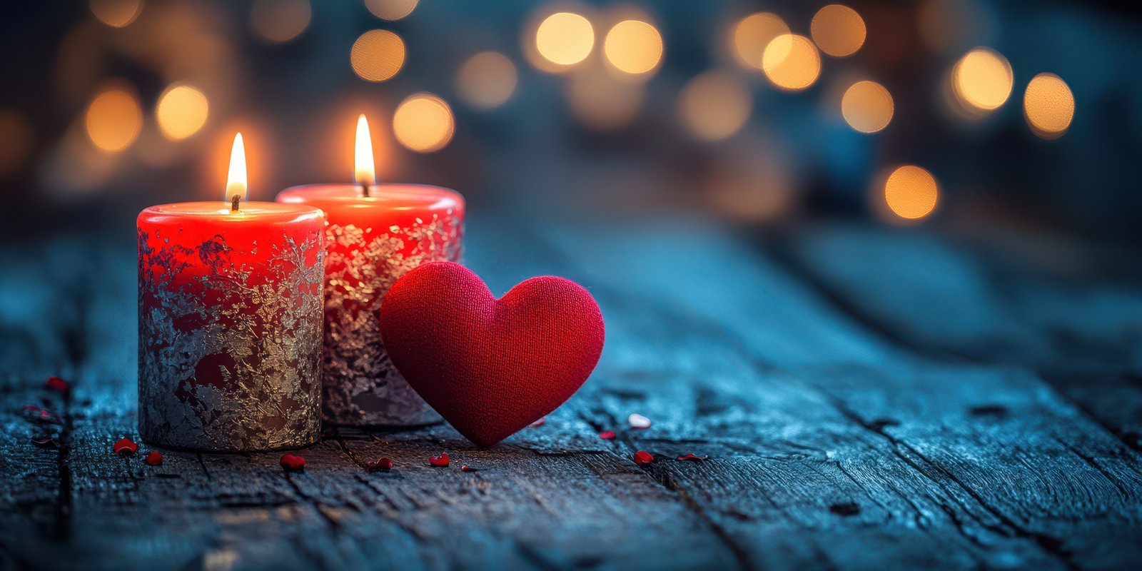 Romantic candles and heart on wooden table create an intimate atmosphere for a cozy evening